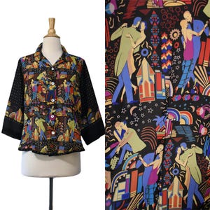 Vintage 80er Jahre Bluse Nicole Marie Neuheit 1920er Jahre 20er Jahre Flapper Tanzen Paare Miami Flair Deco Print Sheer Shirt Top