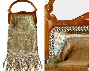 Antique French Purse Art Deco Floral Cut Gold Silver Steel Beaded Butterscotch Celluloid Frame Fringe Trim Cocktail Dance 20s Flapper Bag