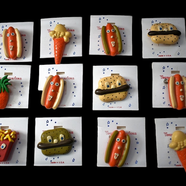 Vintage Jewelry Lot 80s Fun Whimsy Kitsch Pop Art Novelty Foodie Hot Dog Hamburger Ice Cream Pineapple Fries Plastic Painted Brooch 12pcs