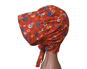 Vintage Feedsack Bonnet 30s 40s Cottagecore Peasant Farm Girl Amish Red Floral Calico Cotton Sunbonnet Hat