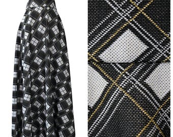 Vintage 70s Skirt NY High Rise Window Pattern Double Knit Black Gold Silver Lurex Plaid Knit Fit n Flared Cut Long Maxi