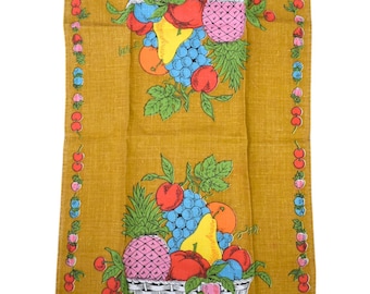 Vintage Tea Towel Deadstock 60s MOD Kitschy Novelty Neon Fruit Basket Irish Linen Kitchen Dishcloth Wall Hanging Tapestry 27 x 16