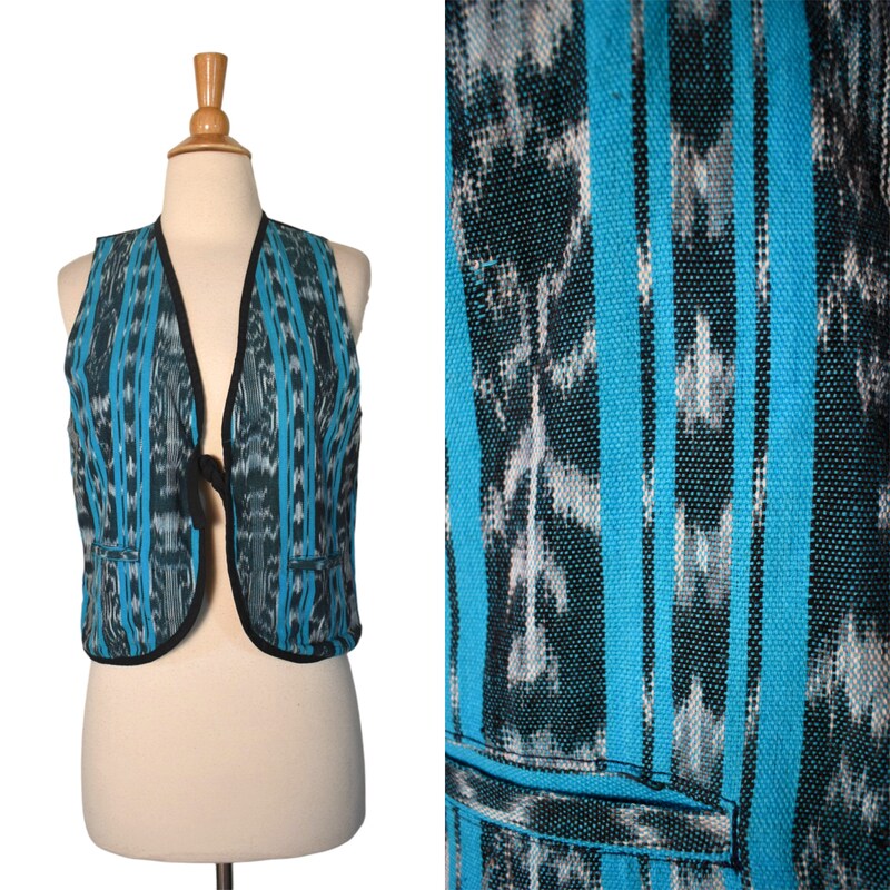 Vintage 1970s Ikat Hand Woven Hand Embroidered Guatemalan Vest
