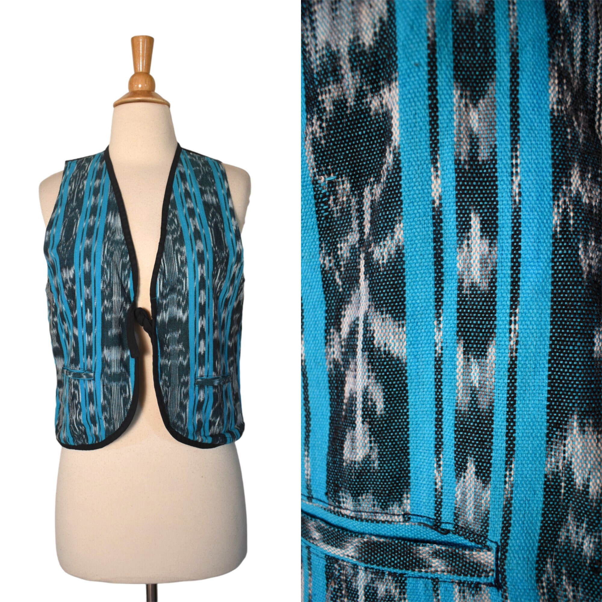 Vintage 70s Vest Mexican Guatemalan Turquoise Serape Blanket 