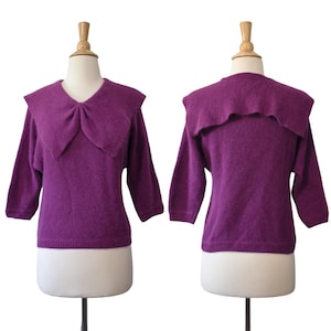 Vintage 80s Sweater Organically Grown Plum Raspberry Silk Angora Quaker Collar Soft Romantic Cropped Fuzzy Top
