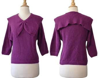 Vintage 80s Sweater Organically Grown Plum Raspberry Silk Angora Quaker Collar Soft Romantic Cropped Fuzzy Top