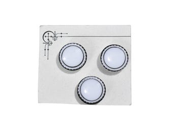 Vintage 40s Buttons White Milk Glass Black Painted Sawtooth Edge Dress Blouse 3 Button Trim on Card 18mm