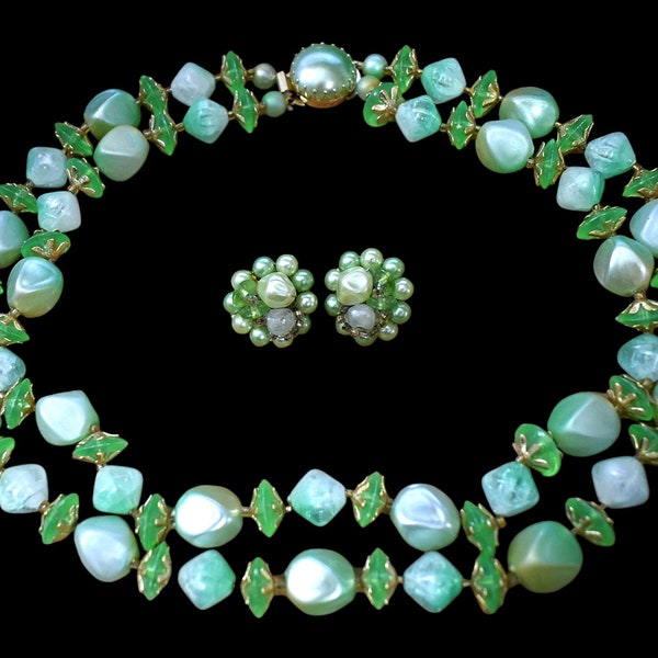 Vintage Demi Parure 50s Necklace Hong Kong Mint Green Aqua Blue Frosted Lucite Beads Double Strand Choker Winey Clip On Earrings Married Set