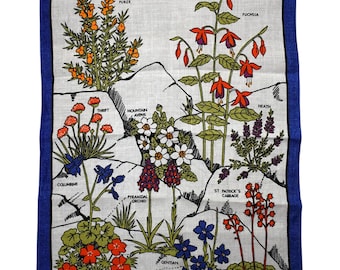 Paño de cocina vintage de lino, diseño kitsch de los años 60, con flores silvestres irlandesas, tapiz para colgar en la pared, 28 x 19