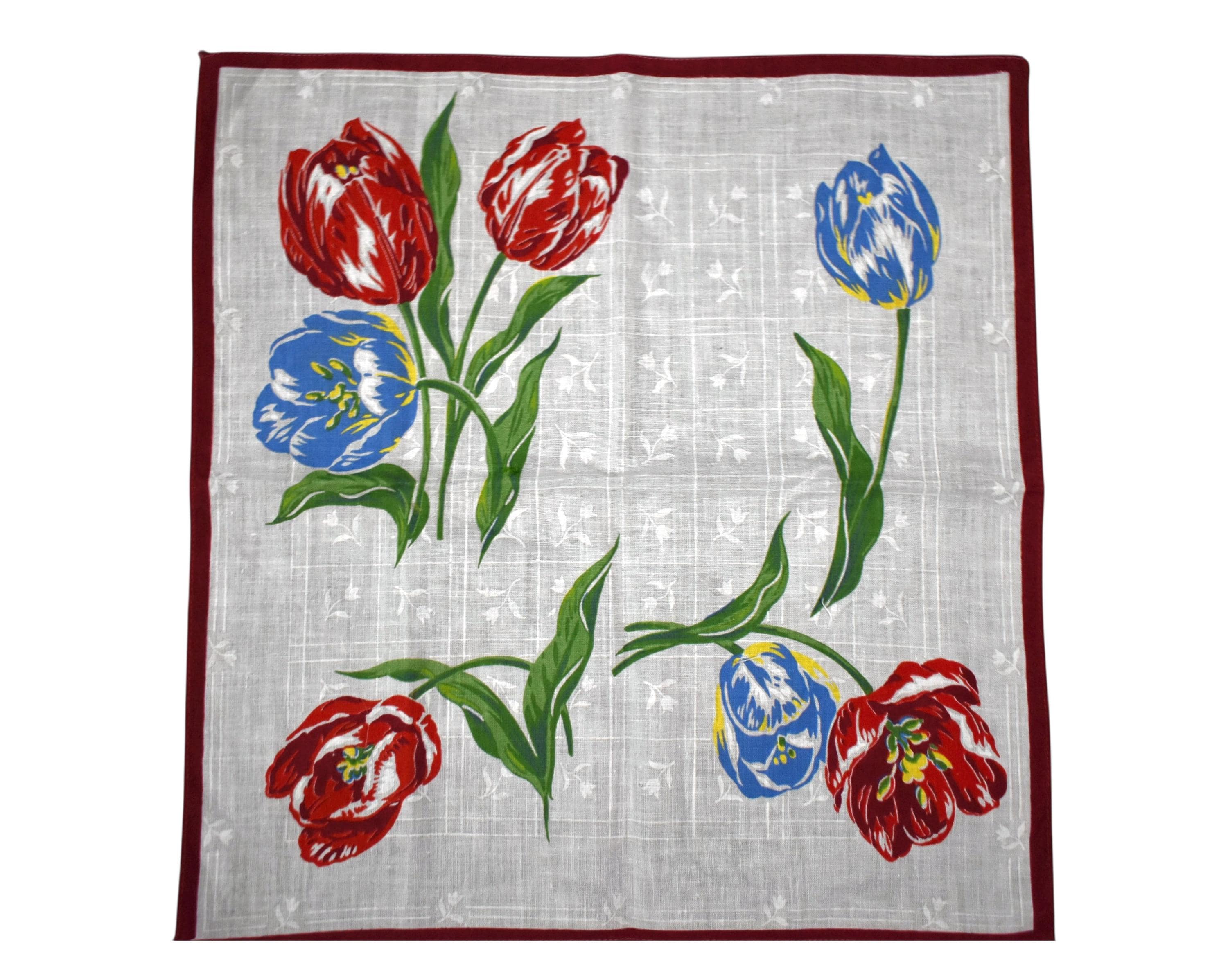 Vintage 50s Hankie Blue Crimson Tulips Bouquet Burgundy Border Cotton Square Handbag Handkerchief Purse Accessory 13 x 12in