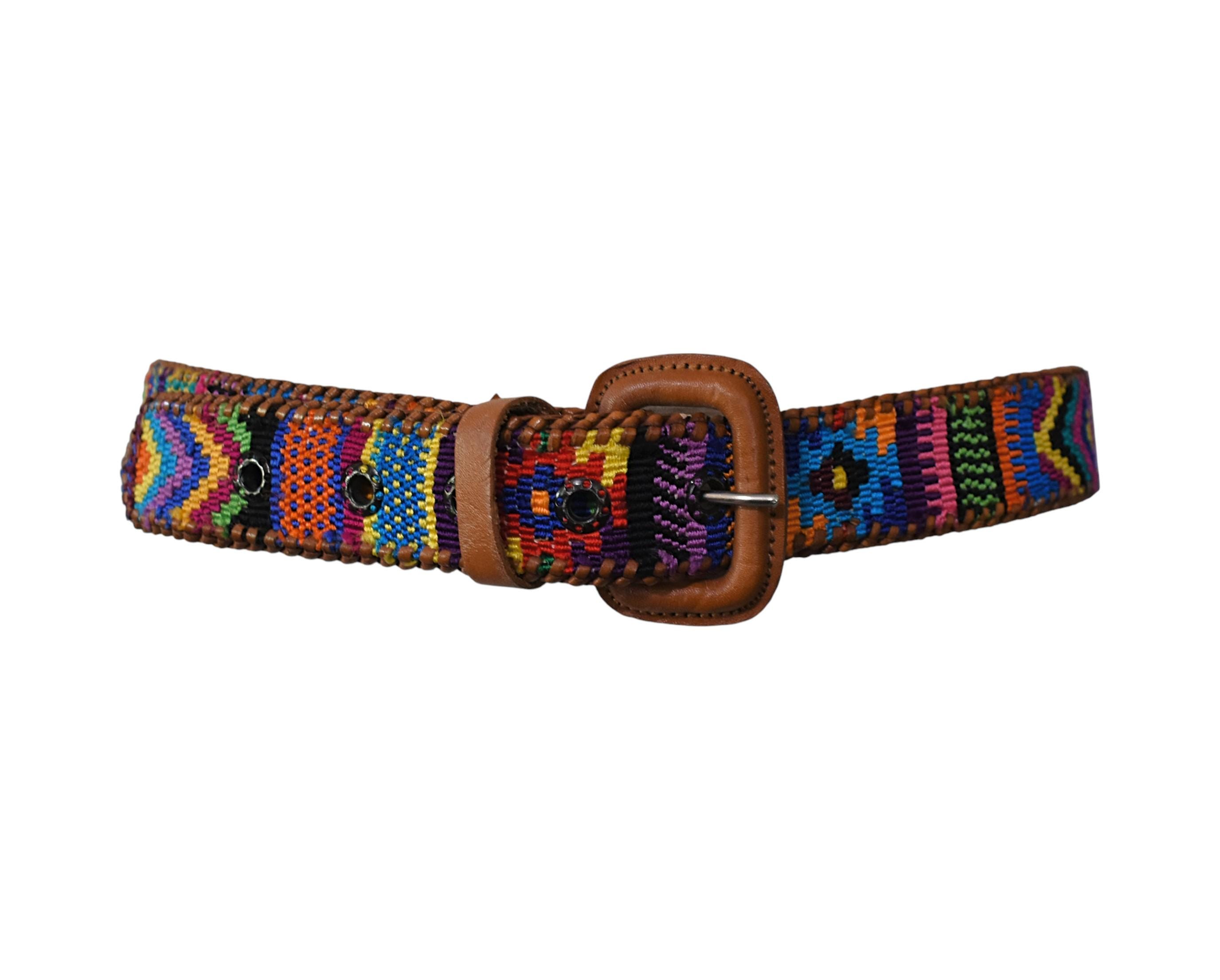Handwoven Multicolor Brown Leather Guatemalan Style Belt (40) VTG Handmade Multicolor Fabric, Leather Guatemalan Belt  main image 3