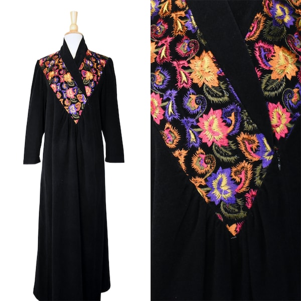 Vintage 70s Robe Vanity Fair Black Plush Velour Silky Rainbow Floral Embroidered Yoke Zip Front Hostess Gown Caftan