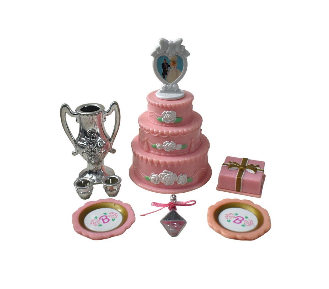 Vintage Barbie Wedding 90s 1995 Mattel Pink Tiered Cake Silver Cups B ...