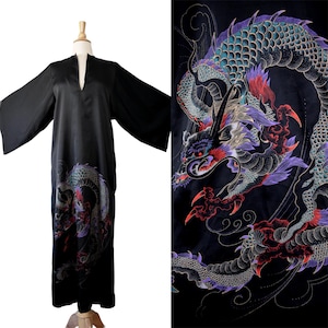 Vintage 70s Caftan Tori Richards Decadent Black Satin Dramatic Novelty Japanese Dragon Kimono Sleeve Hostess Lounging Gown Robe
