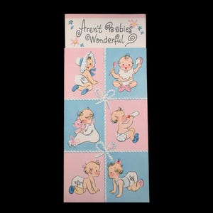 Tarjeta de felicitación vintage de los años 60 con largas risas, regalo novedoso para baby shower, felicitaciones, cigüeña azul y rosa, sobre vertical emergente