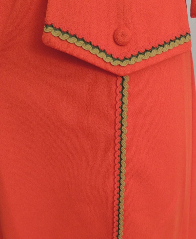 Vintage 60s Dress Nelly Don MOD Coral Orange Double Knit Mustard Olive Ribbon Trim Belted Shift XL