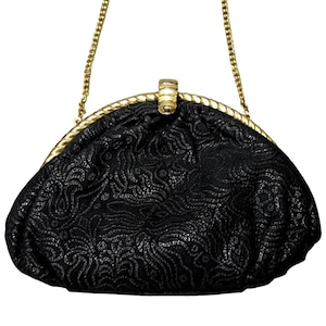 Vintage 80er Geldbörse Schwarz Ausgebranntes Kunstleder Abstrakte Kringel Goldfarben Seil Twist Rahmen Clutch Umhängetasche Mode-Accessoire Geschenk