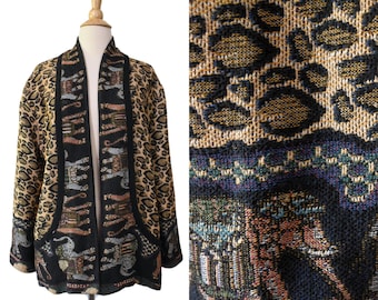 Vintage 80s Jacket Its Outta the Bag Unge Potch Ket Animal Leopard Spotted Elephant Trim Safari Tapestry Blazer