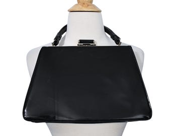 Vintage 50s Purse Dova MCM Mid Century Black Patent Shiny Deco Clasp Daisy Fabric Lined Framed Secretary City Handbag