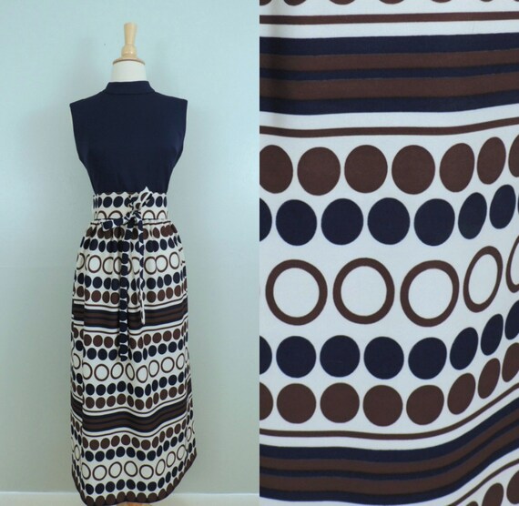 Vintage 70s Dress / MOD Navy Brown Polka Dot Holly