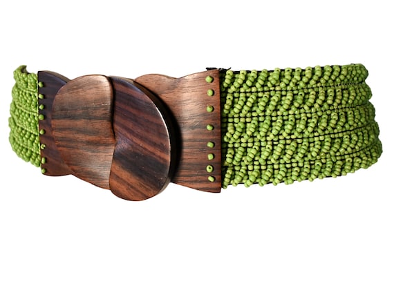 Vintage Beaded Elastic Belt with Wooden Interlocking Buckle S s-l400.jpg main image 4