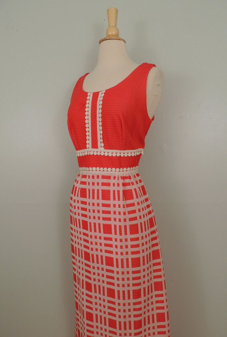 Vintage 60s Dress Gay Gibson Red White Polka Dot Plaid Daisy Lace Stepford Wives Hostess Maxi Gown