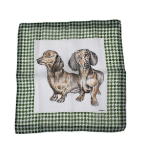 Vintage 50s Hankie Kreier Swiss Novelty Dachshund Dogs Preppy Green Houndstooth Border Pocket Square Neckerchief Scarf