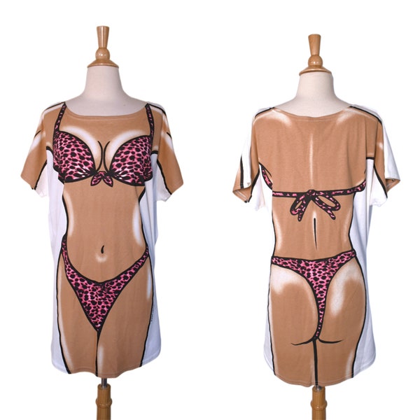 Vintage 90s Tee Body Dreams Novelty Pop Art Cheetah Wild Cat Print Bikini Clad Beach Swimsuit Cover Long Tunic Dress