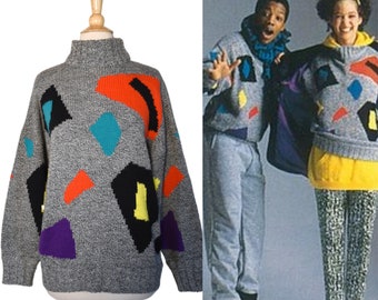Vintage 80s Sweater Esprit Sport Postmodern Wool Blend Gray Abstract Space Age Graphic Pop Art Mock Turtleneck Jumper