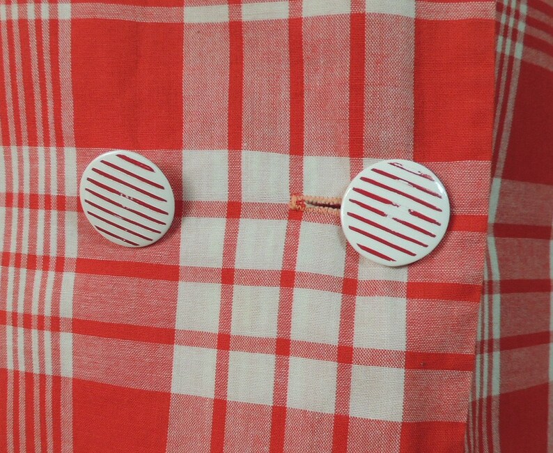 Vintage 60s Dress Saybury Red White Glen Plaid Candy Pin Striped Deco Buttons Atomic Housewife Shirtdress