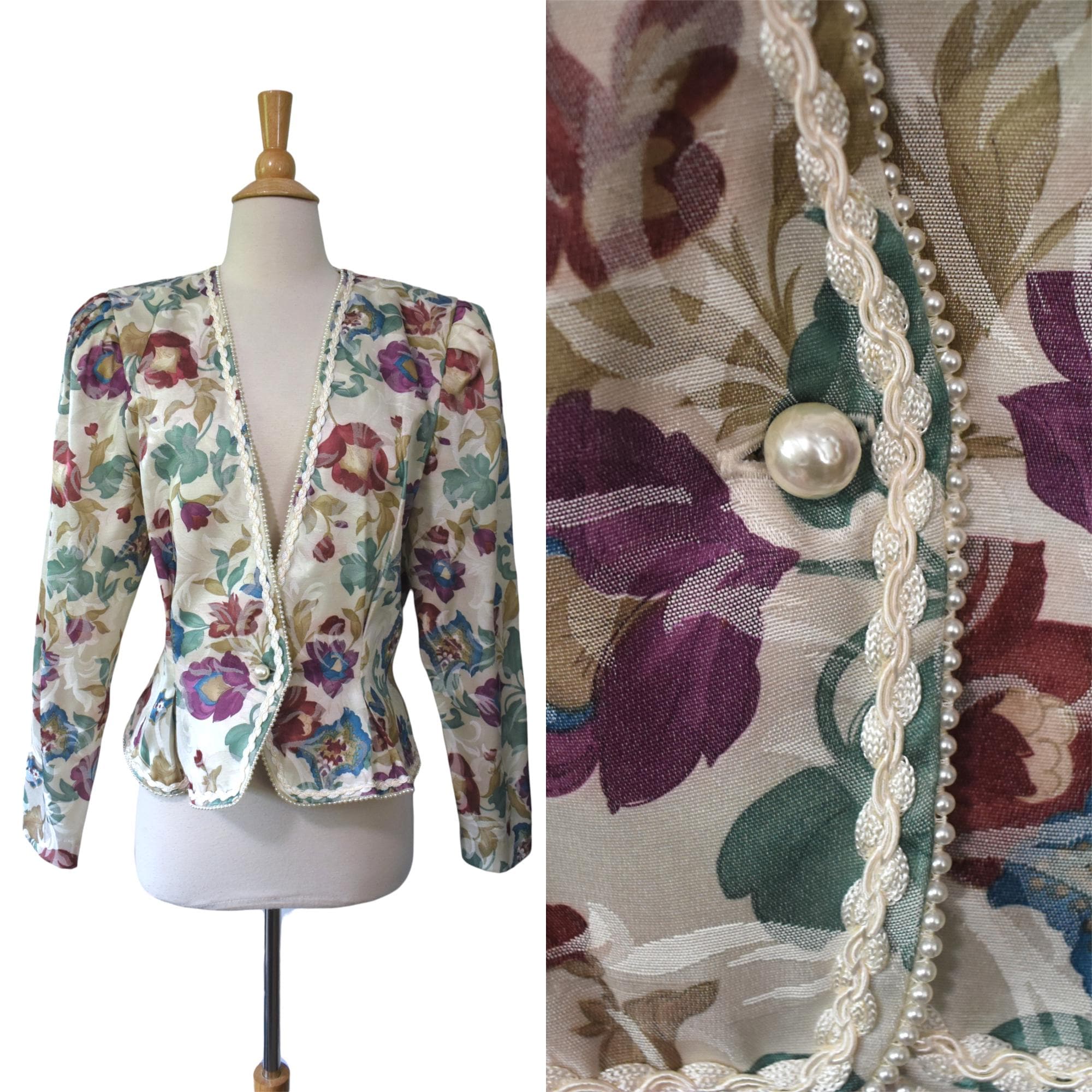 Vintage 80s Blazer Nah Nah Romantic Victorian Plum Rouge Teal Floral Pearl Trim Jacquard Brocade Peplum Cocktail Party Evening Jacket