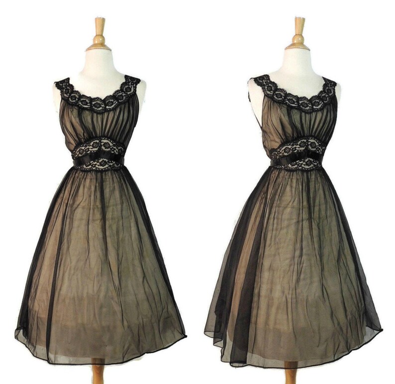 Vintage 50s Nightgown Vanity Fair Black Nude Alencon Lace Satin Ribbon Ballerina Nightie Peignoir