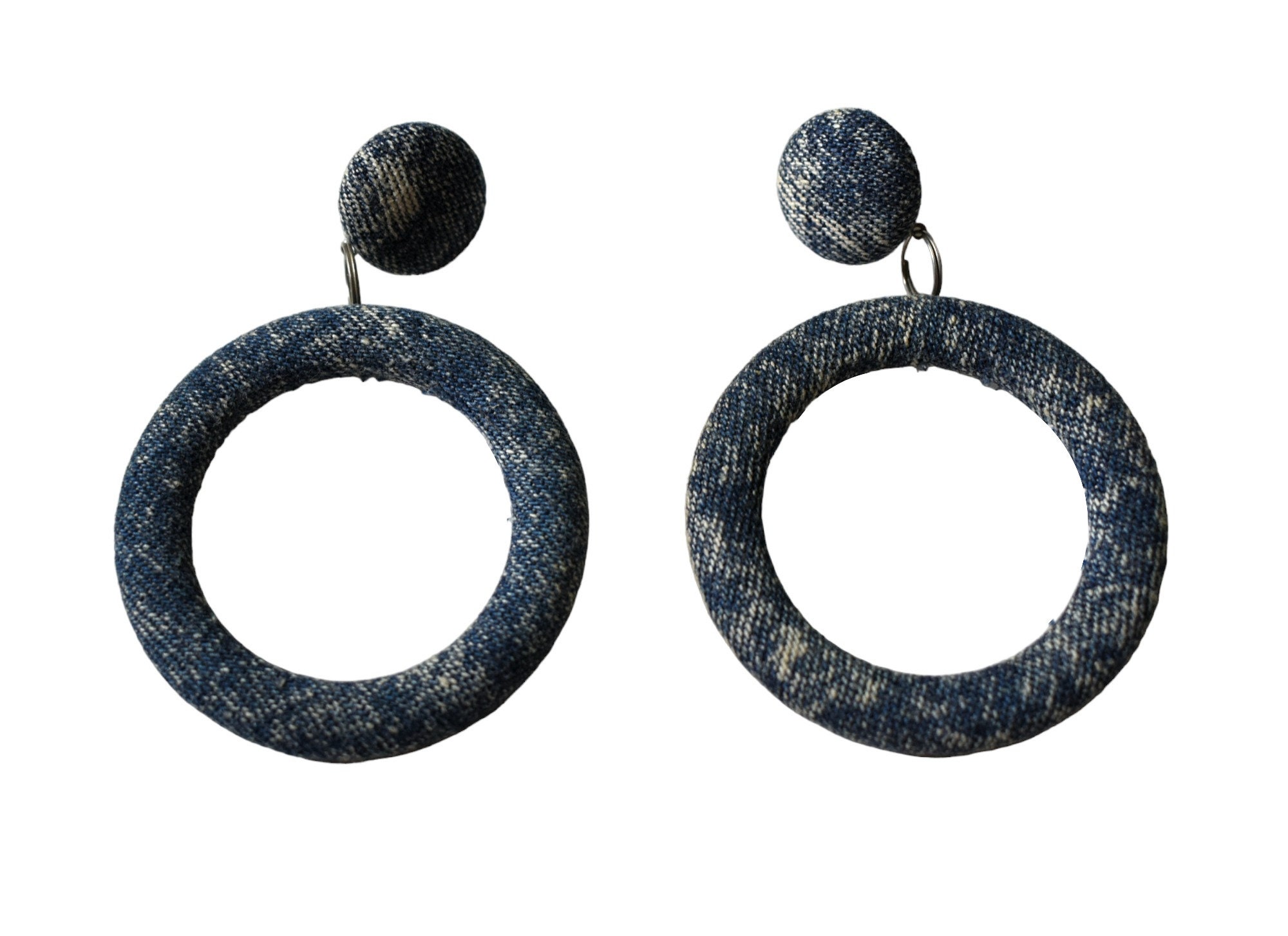 Vintage 80s Earrings New Wave Funky Acid Washed Denim Blue Jean Large Dangle Hoops Pierced Post 2in Wide