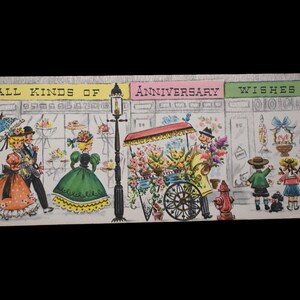 ヴィンテージ 50 年代 カード ノベルティ カラフル パステル エンボス加工 パラソル ビクトリア朝 ベビーカー フラワー カート 記念日 願い 横型 封筒 セット