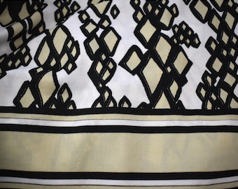 Tessuto vintage anni '70, stile Mod Op Art, motivo astratto a rombi e argyle, bordo a righe, tessuto a coste in poliestere per abiti, pantaloni e camicette. Non elasticizzato. Oltre 3 iarde.