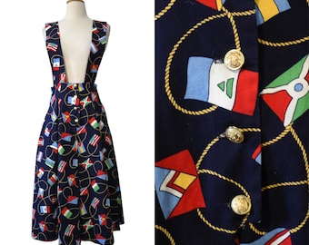 Vintage Pinafore Dress 80s Novelty Nautical International Flag Print Wide Straps Flared Culottes Leg Jumper Romper
