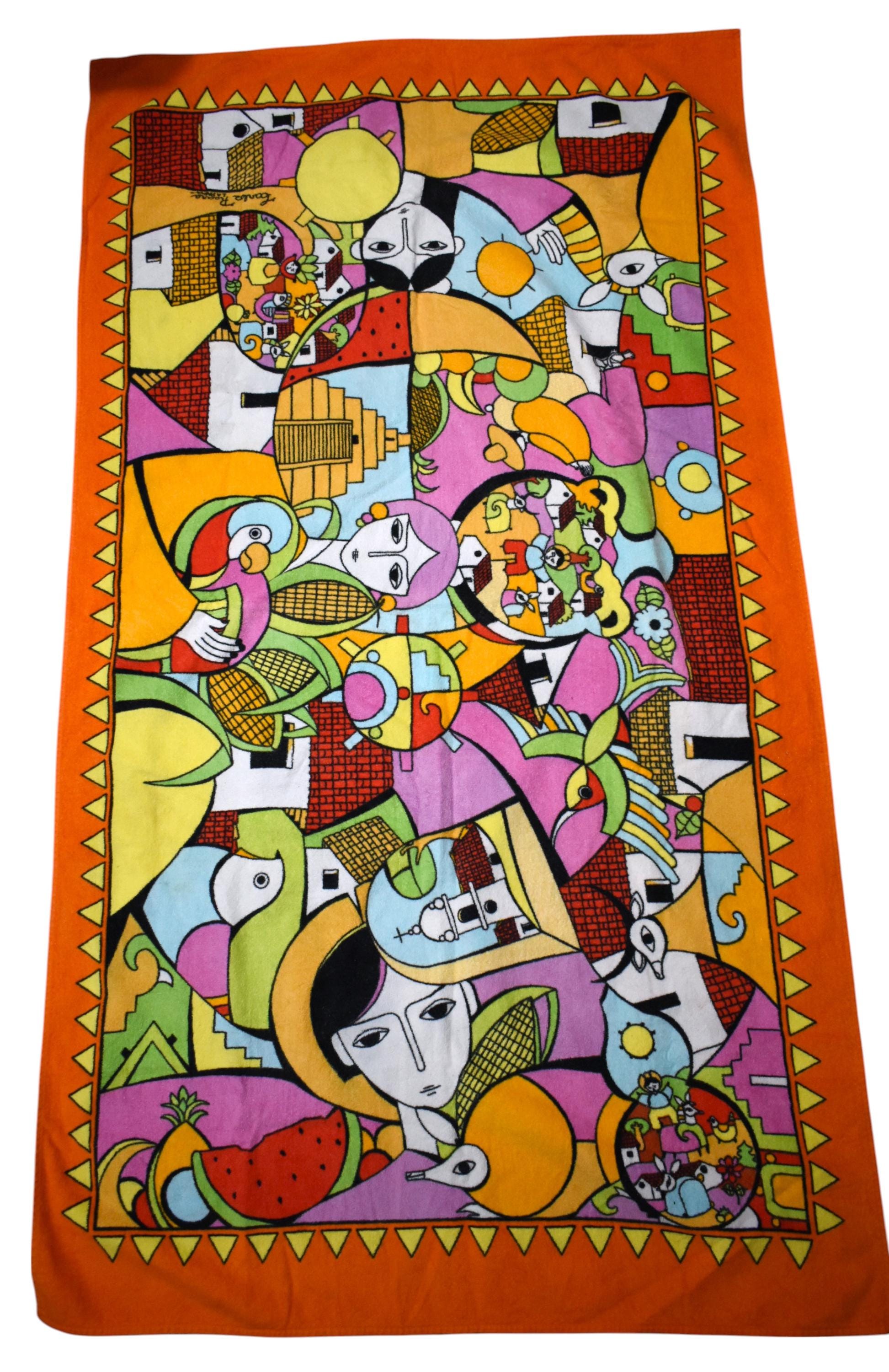 Vintage 70er Jahre Handtuch Carlos Roara La Palma El Salvador Hilasal Neuheit Druck Abstrakt Op Folk Art Menschen Vögel Dorf Strand Decke 64 in