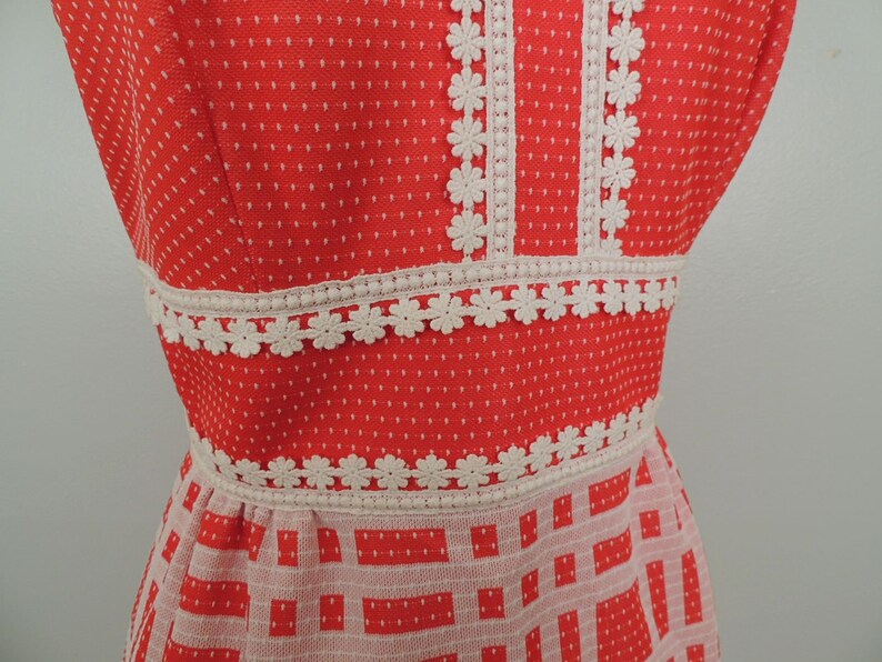 Vintage 60s Dress Gay Gibson Red White Polka Dot Plaid Daisy Lace Stepford Wives Hostess Maxi Gown