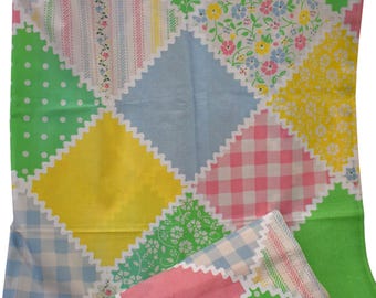Vintage 70s Curtains Sears Country Patch Pastel Floral Gingham Polka Dot Patchwork Print Childs Nursery Drapes Drapery Lot Pair 55x37in