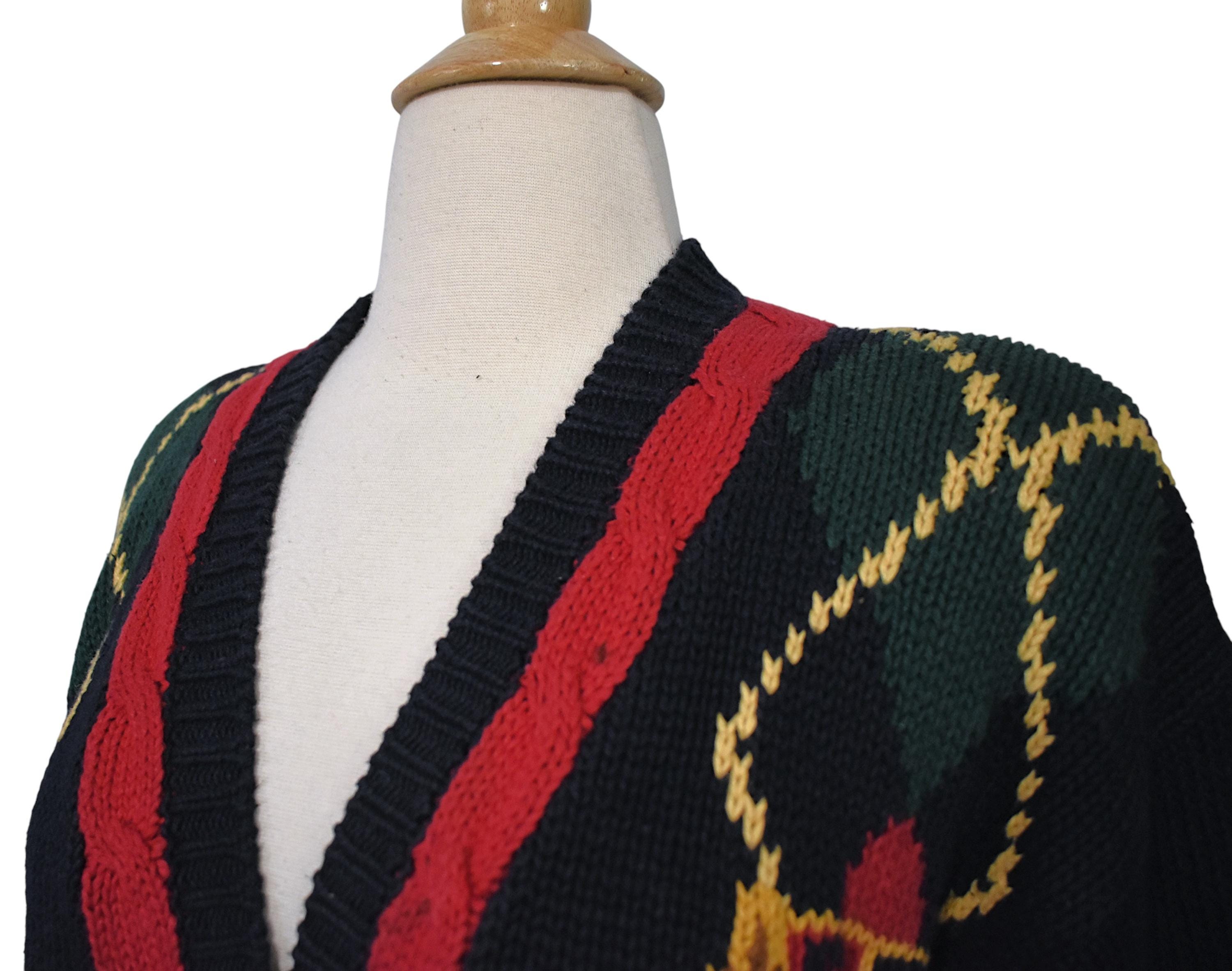 Vintage 90s Cardigan Eagles Eye Novelty Print Americana Argyle