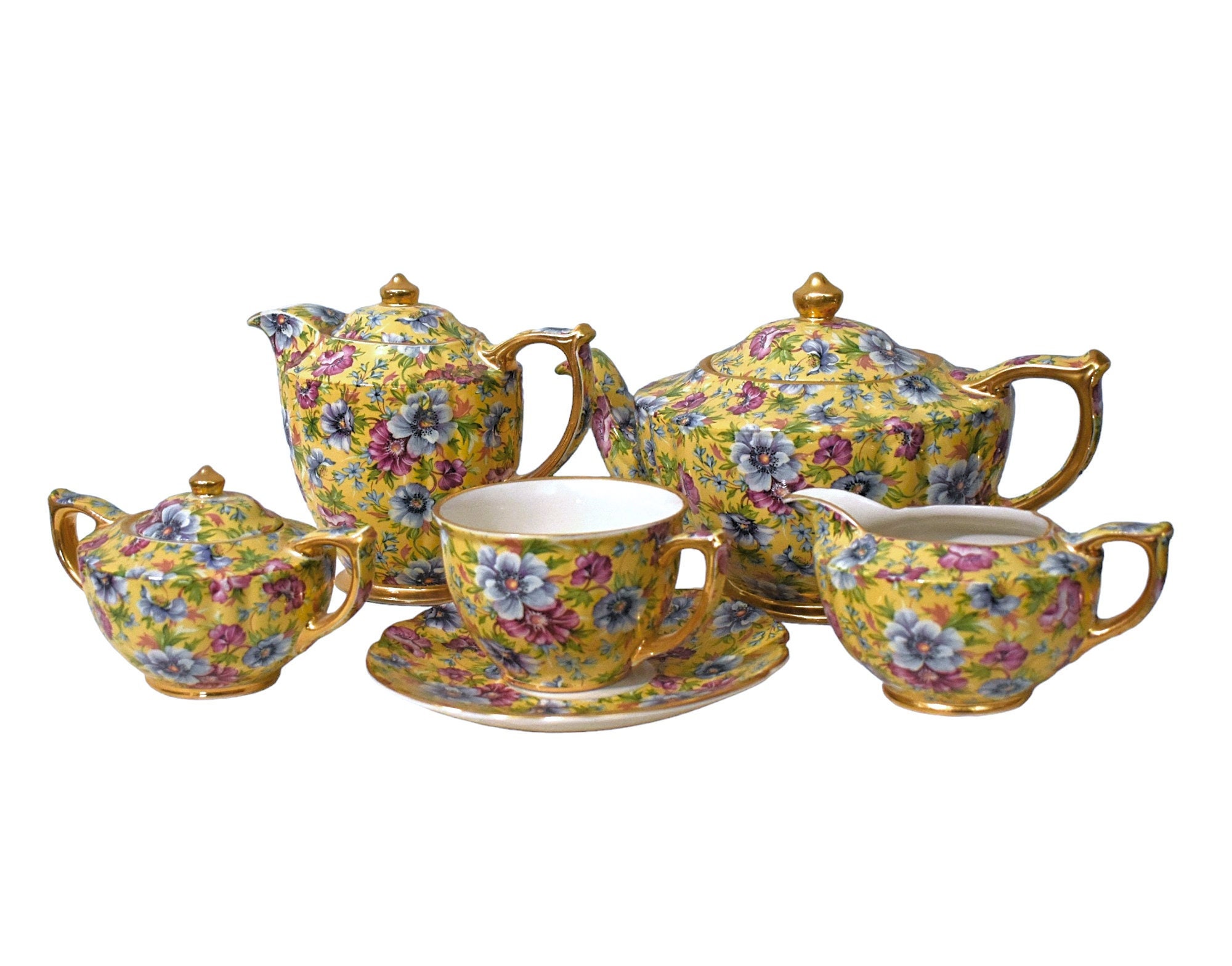 Vintage Sadler Chintz Sophie Yellow Floral England Teapot Coffee Pot Sugar Creamer Lids Cup Sauce 9pc Set