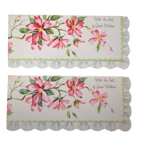 Tarjeta de felicitación vintage de los años 60 con buenos deseos en relieve, felicitaciones, borde festoneado con flores rosas, lote de 2, sin sobres, para manualidades, regalos