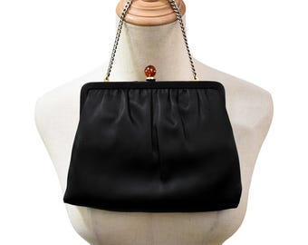 Vintage 40s 50s Purse Ande Black Sateen Tufted Rootbeer Lucite Knob Clasp Attached Mirror Cocktail Party Clutch Handbag
