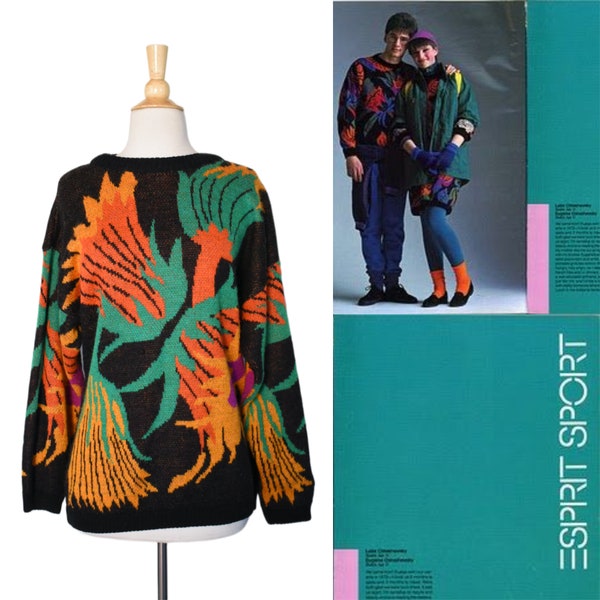 Vintage 80s Sweater Esprit Sport Novelty Pop Art Wool Blend Stylized Graphic Tropical Floral Rainbow Jumper