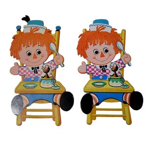 Decoração de parede vintage anos 70 Bobb Merrill Co. 1972, quarto infantil, papelão prensado, Raggedy Andy, par de tapeçarias artísticas