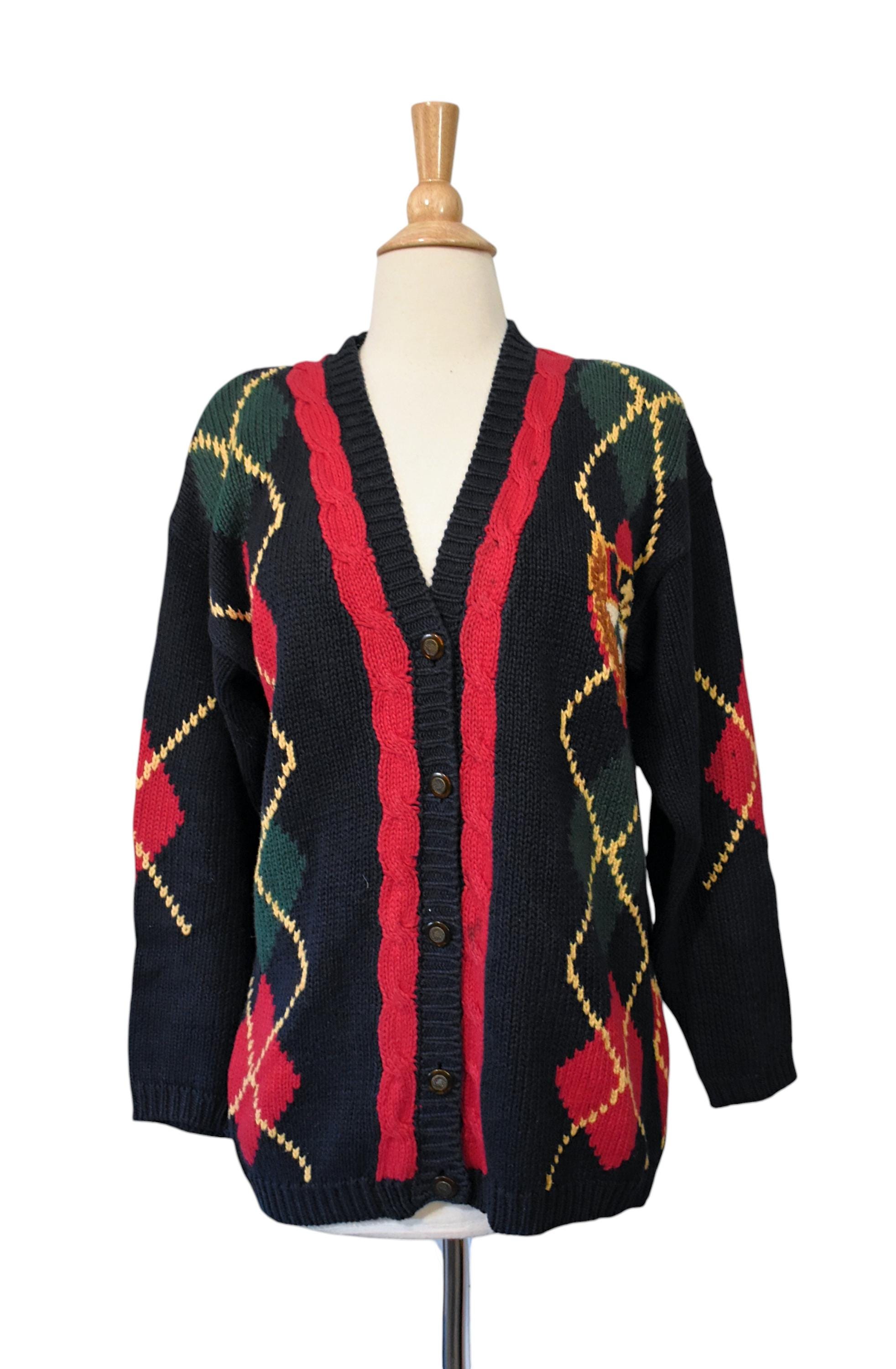 Vintage 90s Cardigan Eagles Eye Novelty Print Americana Argyle 