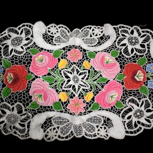 Vintage Hungarian Doily 50s Crochet Hand Made Pink Red Yellow Blue Floral Embroidered Scalloped Edge Table Vanity Topper Centerpiece 20 x 10