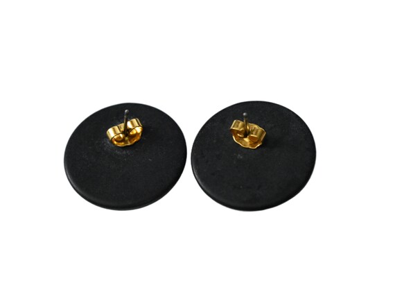 Vintage 80s Earrings Black Resin Disc Rhinestone … - image 3