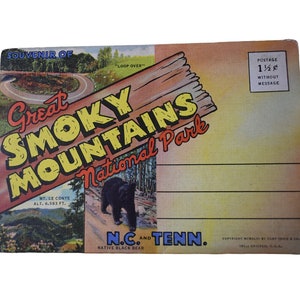 Carte postale vintage des années 40 Souvenir du parc national des Smoky Mountains Tourist Accordéon à déplier 18 photos, sites pittoresques, cadavres d'animaux éphémères en papier