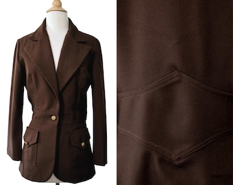 Vintage 70s Blazer Chocolate Brown Academia Preppy Polyester Groovy Large Collar MOD Jacket